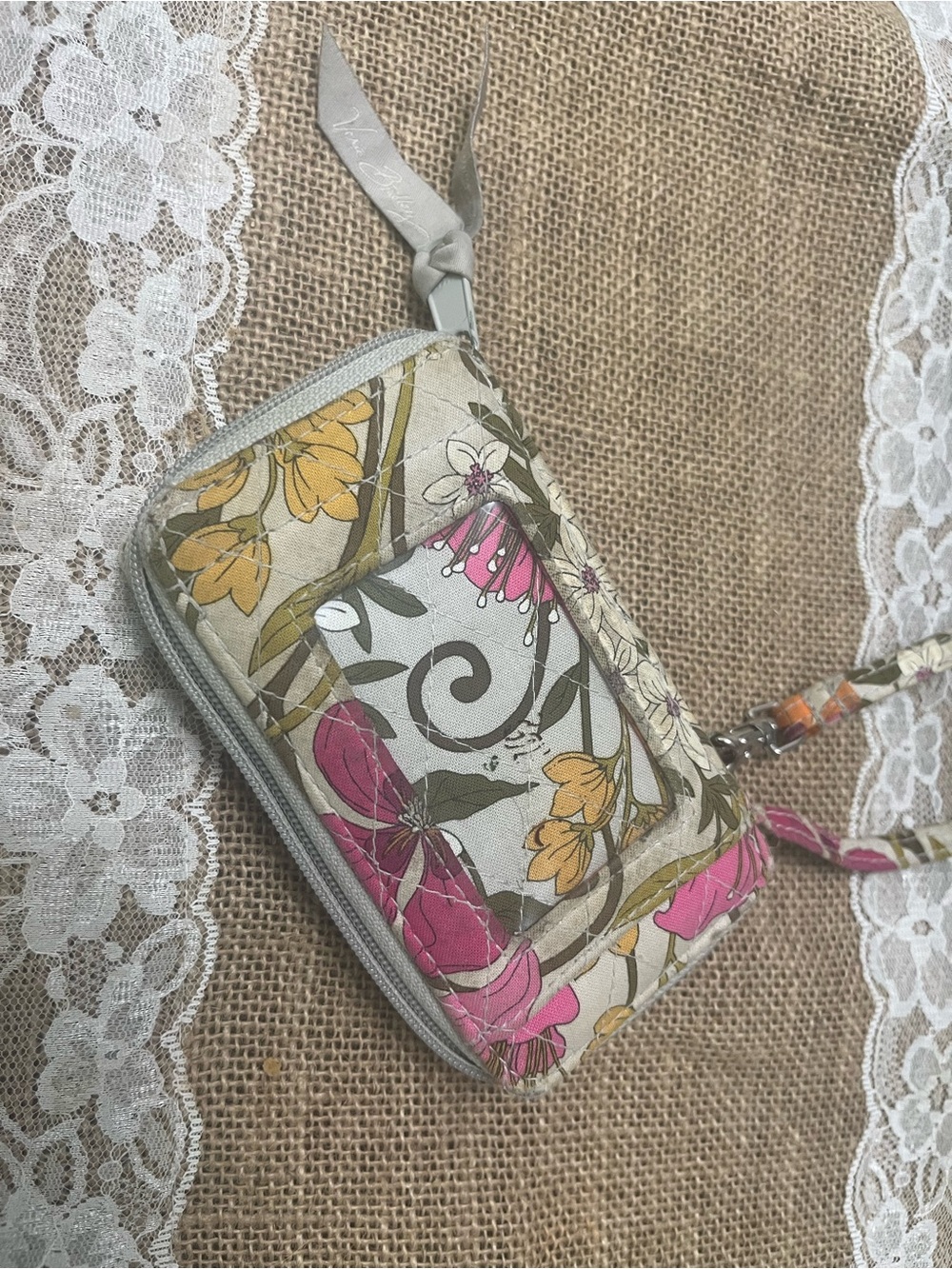 Vera Bradley Floral Zip Wristlet in Pink, Yellow & Cream